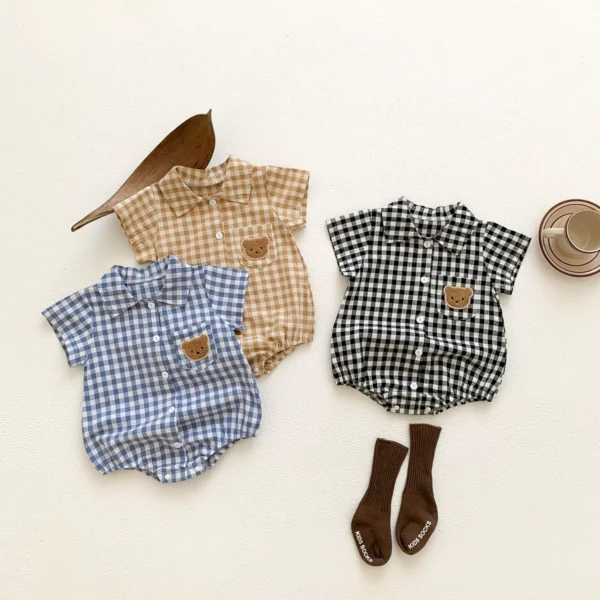 Baby Boy Plaid Onesie – Teddy Bear Short Sleeve Collar Onesie