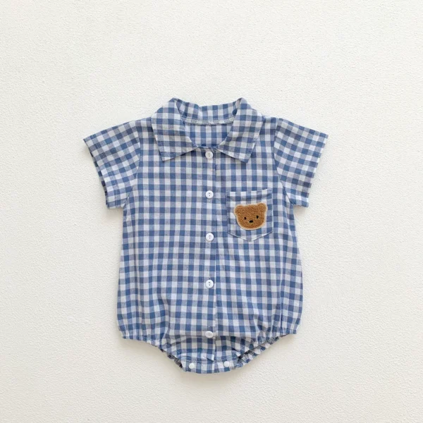 Baby Boy Plaid Onesie – Teddy Bear Short Sleeve Collar Onesie