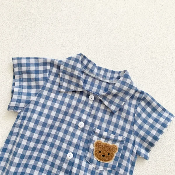 Baby Boy Plaid Onesie – Teddy Bear Short Sleeve Collar Onesie