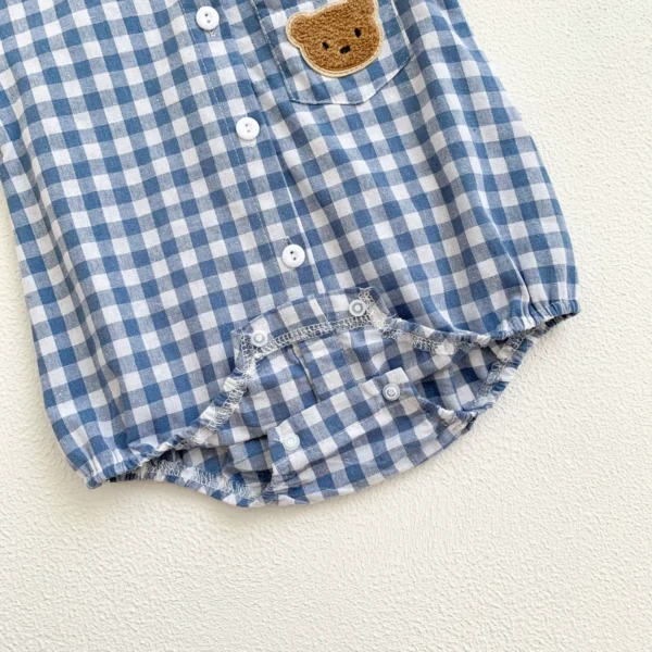 Baby Boy Plaid Onesie – Teddy Bear Short Sleeve Collar Onesie