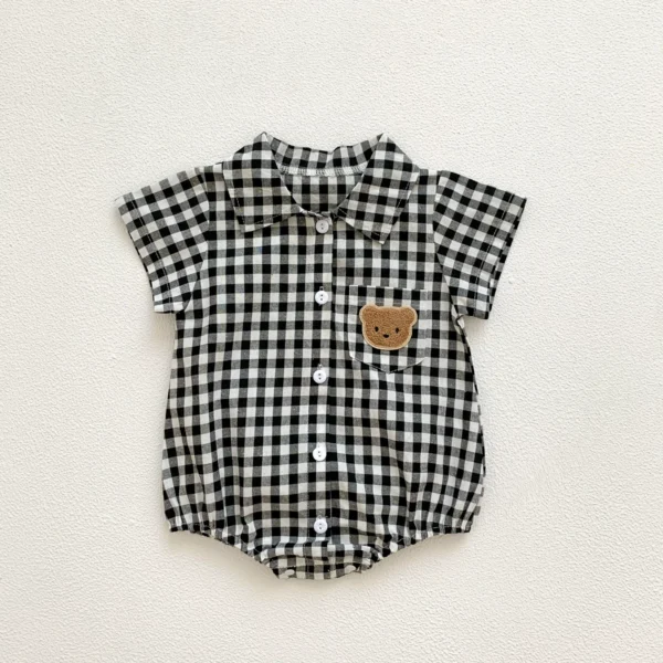 Baby Boy Plaid Onesie – Teddy Bear Short Sleeve Collar Onesie