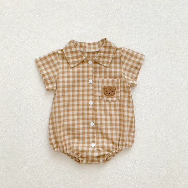 Baby Boy Plaid Onesie – Teddy Bear Short Sleeve Collar Onesie