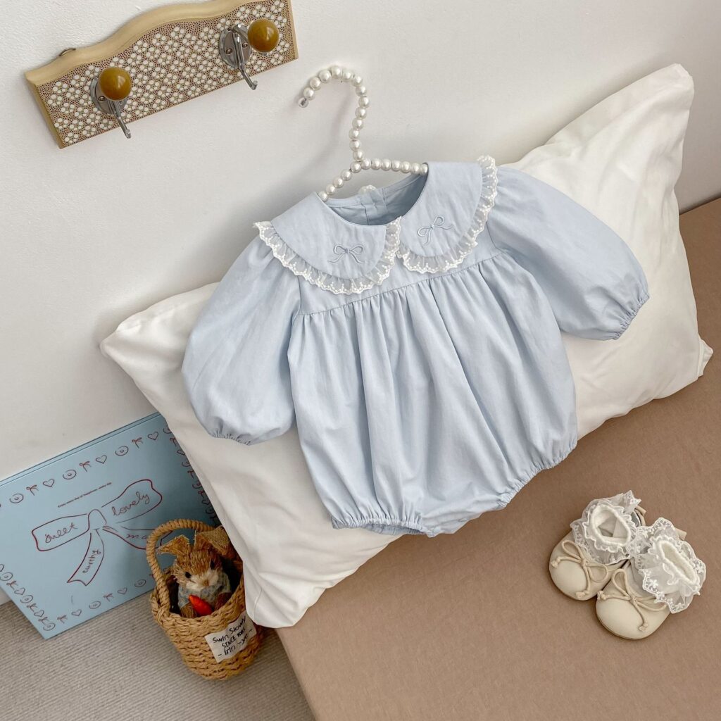 Baby Girl Peter Pan Collar Onesie – Butterfly Bows Lace Trim Spring Onesie