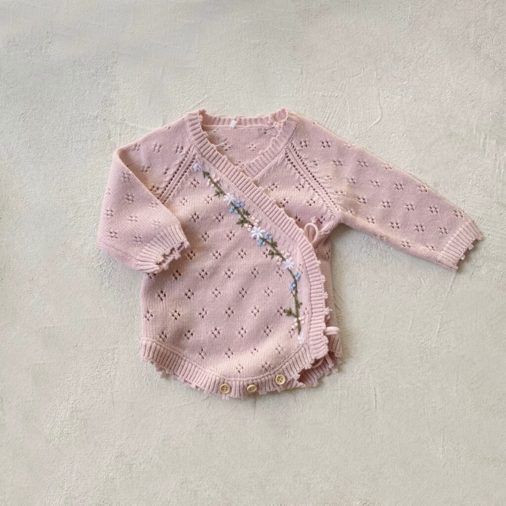 Baby Girl Pink Long Sleeve Onesie – Hollow Out V Neck Onesie