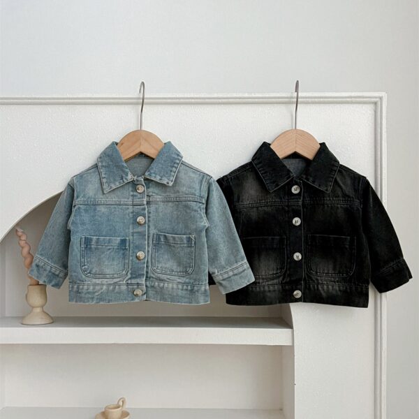 Kids Denim Jacket – Button Front Washed Style Turndown Collar Coat