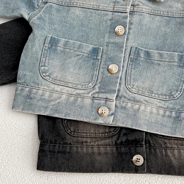 Kids Denim Jacket – Button Front Washed Style Turndown Collar Coat