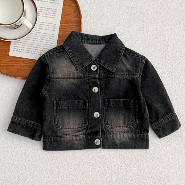 Kids Denim Jacket – Button Front Washed Style Turndown Collar Coat