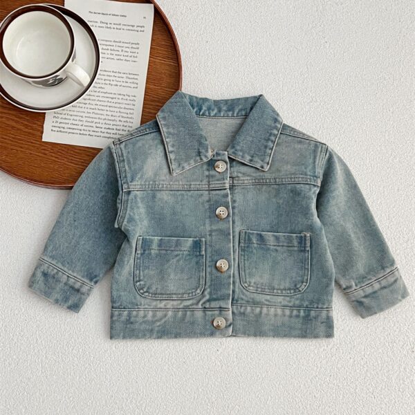 Kids Denim Jacket – Button Front Washed Style Turndown Collar Coat