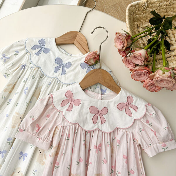 Baby Girl Floral Dress – Short Sleeve Princess Dress with Embroidered Collar