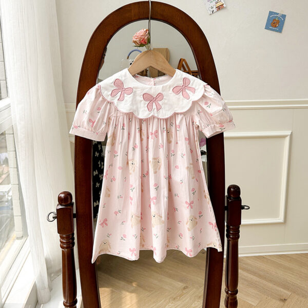 Baby Girl Floral Dress – Short Sleeve Princess Dress with Embroidered Collar