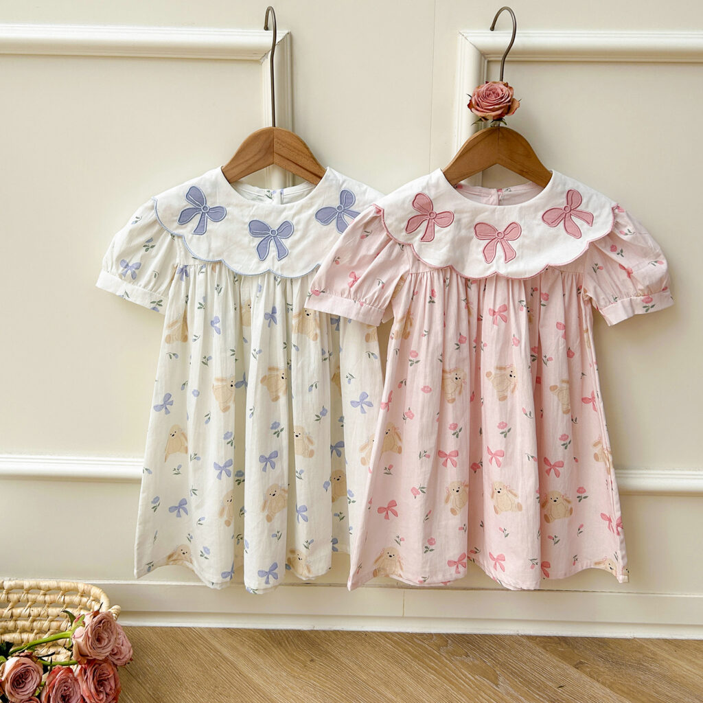 Short Sleeves Floral Teddy Print Embroidery Collar Princess Dress