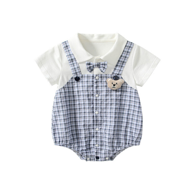 Short Sleeves Plaid Pattern Single Breasted Onesie with Turn-down Collar