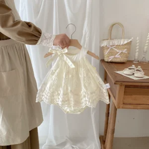 Baby Girl Onesie – Sleeveless Embroidered Summer Outfit in Beige