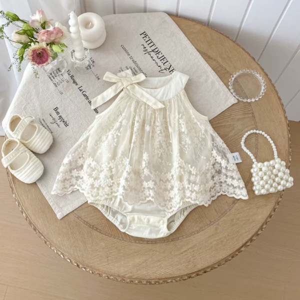 Baby Girl Onesie – Sleeveless Embroidered Summer Outfit in Beige