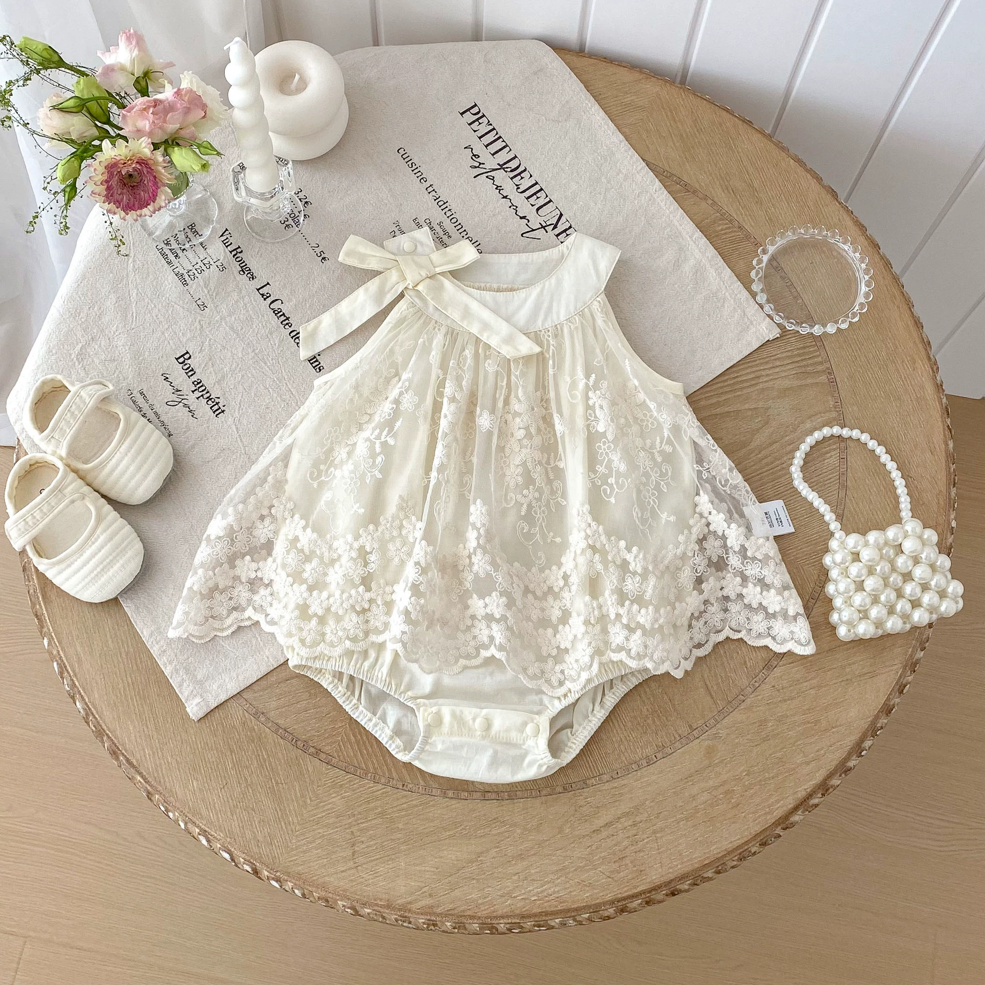 Sleeveless Solid Color Tulle Decorated Onesie with Embroidery Pattern - Image 2