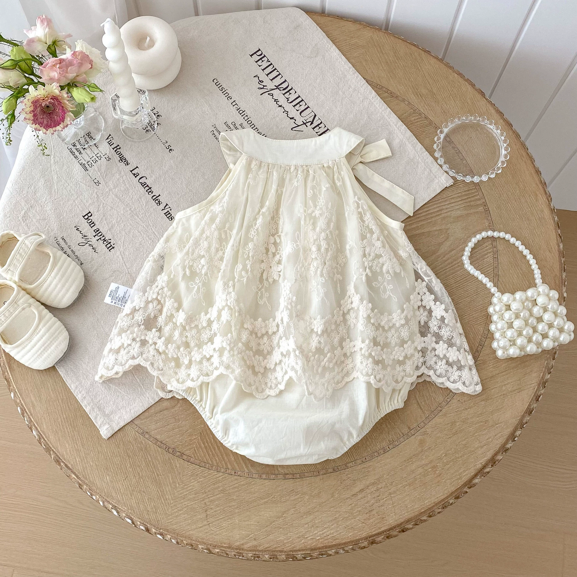 Sleeveless Solid Color Tulle Decorated Onesie with Embroidery Pattern - Image 3