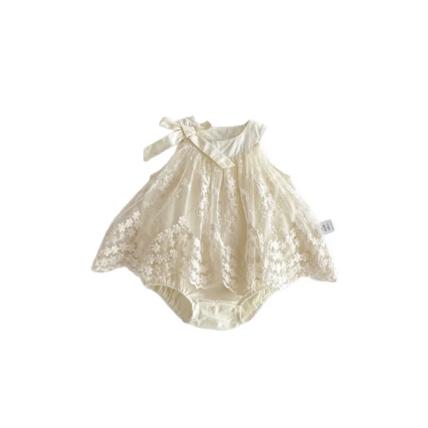 Baby Girl Onesie – Sleeveless Embroidered Summer Outfit in Beige