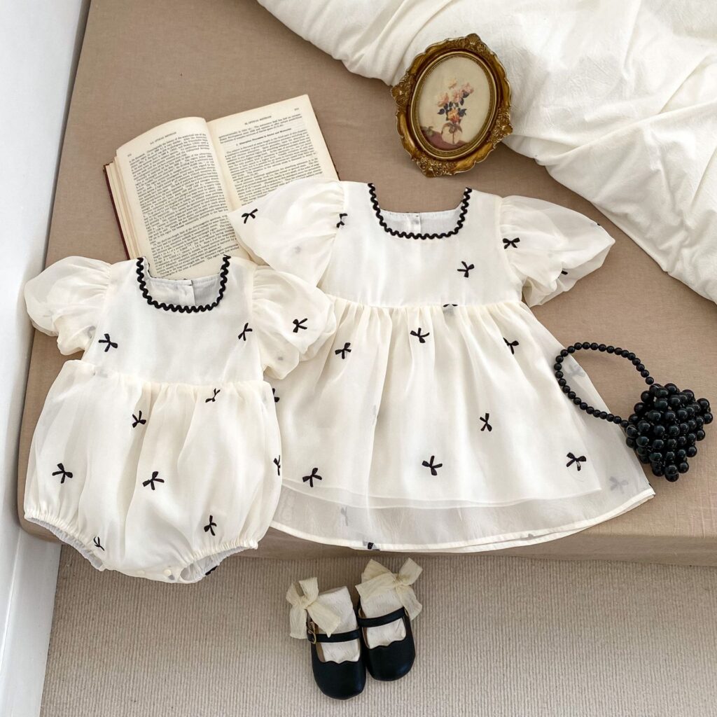 Summer Baby Girl Onesie or Dress – Butterfly Bow Embroidered Gauze Onesie or Dress