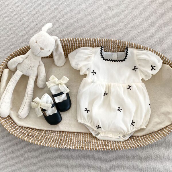 Summer Baby Girl Matching Set – Butterfly Bow Embroidered Gauze Onesie and Dress