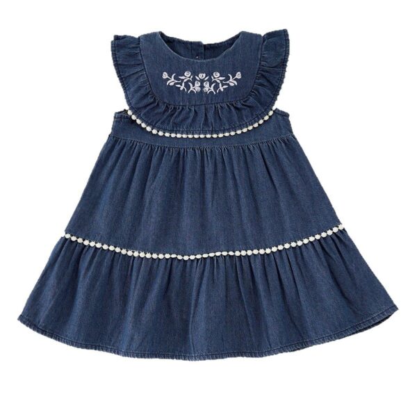 Summer Girls Denim Dress – Sleeveless Embroidered Flower Dress