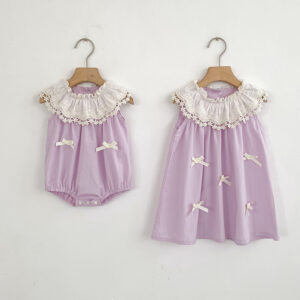 Summer Girls Matching Set – Patchwork Sleeveless Onesie and Dress with Floral Collar
